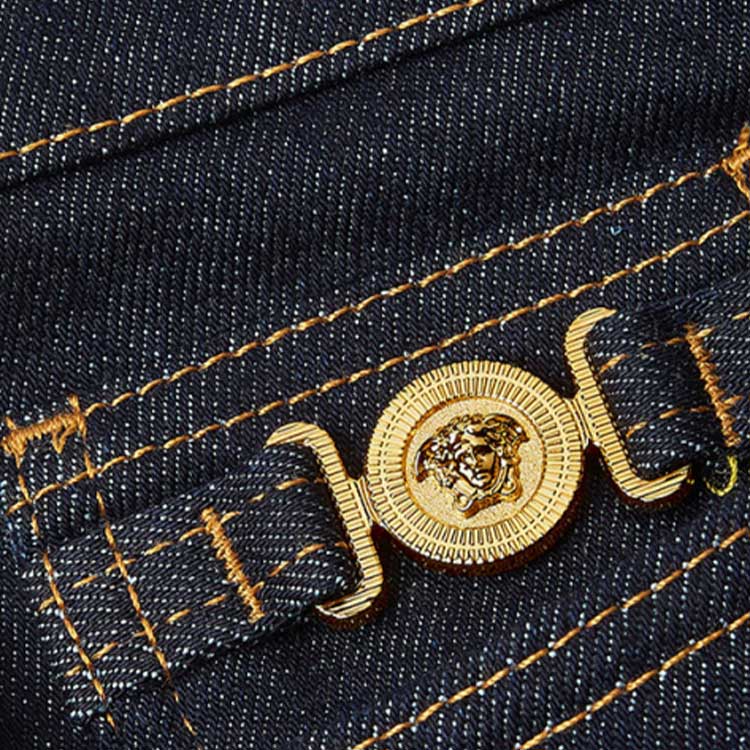 Purchase VERSACE FW23  Slim Fit Mid-Waist Denim Jeans in Dark Blue. 1011693-1A02233-1D100