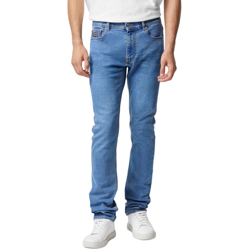 Shop VERSACE FW23  Slim Low-Waist Washed Jeans Indigo Blue 1011693-1A09961-1D360