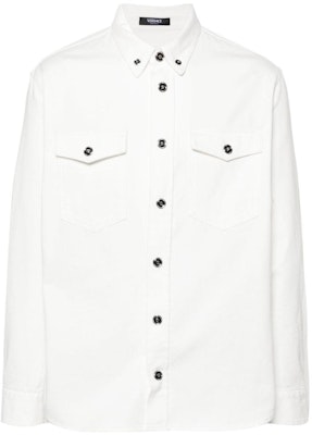 VERSACE FW23 Baju Putih Lengan Panjang dengan Kolar Tajam & Rekaan Poket 1013887-1A10032-1D110 Order VERSACE FW23 Baju Putih Lengan Panjang dengan Kolar Tajam & Rekaan Poket 1013887-1A10032-1D110