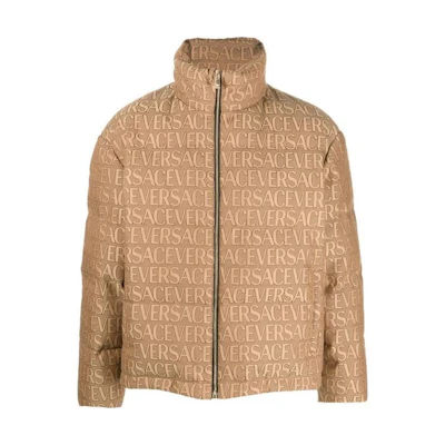 Versace FW23 All-Over Letter Print High-Collar Brown Jacket for Men. 10102101-A076492-N740