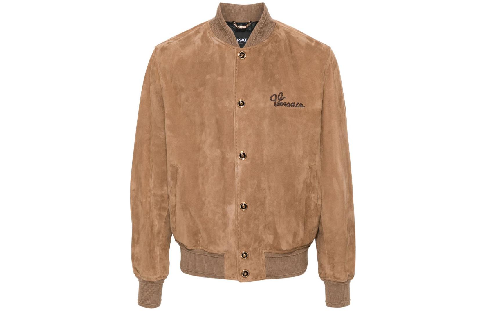 Versace FW23 Camel Brown Logo Baseball Collar Loose Fit Jacket 1013865-1A09812-1KD60