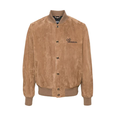 Versace FW23 Camel Brown Logo Baseball Collar Loose Fit Jacket 1013865-1A09812-1KD60