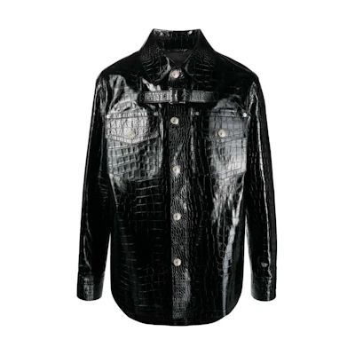 Versace FW23 Croc-Effect Leather Blouson Jacket Black Loose-Fit Outerwear 1A08447-1012425-1B000
