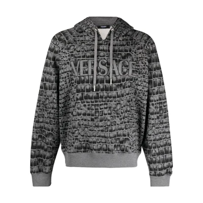 VERSACE FW23 Croc-Print Logo Hooded Sweatshirt - Ash Gray 1012558-1A09051-2ED10