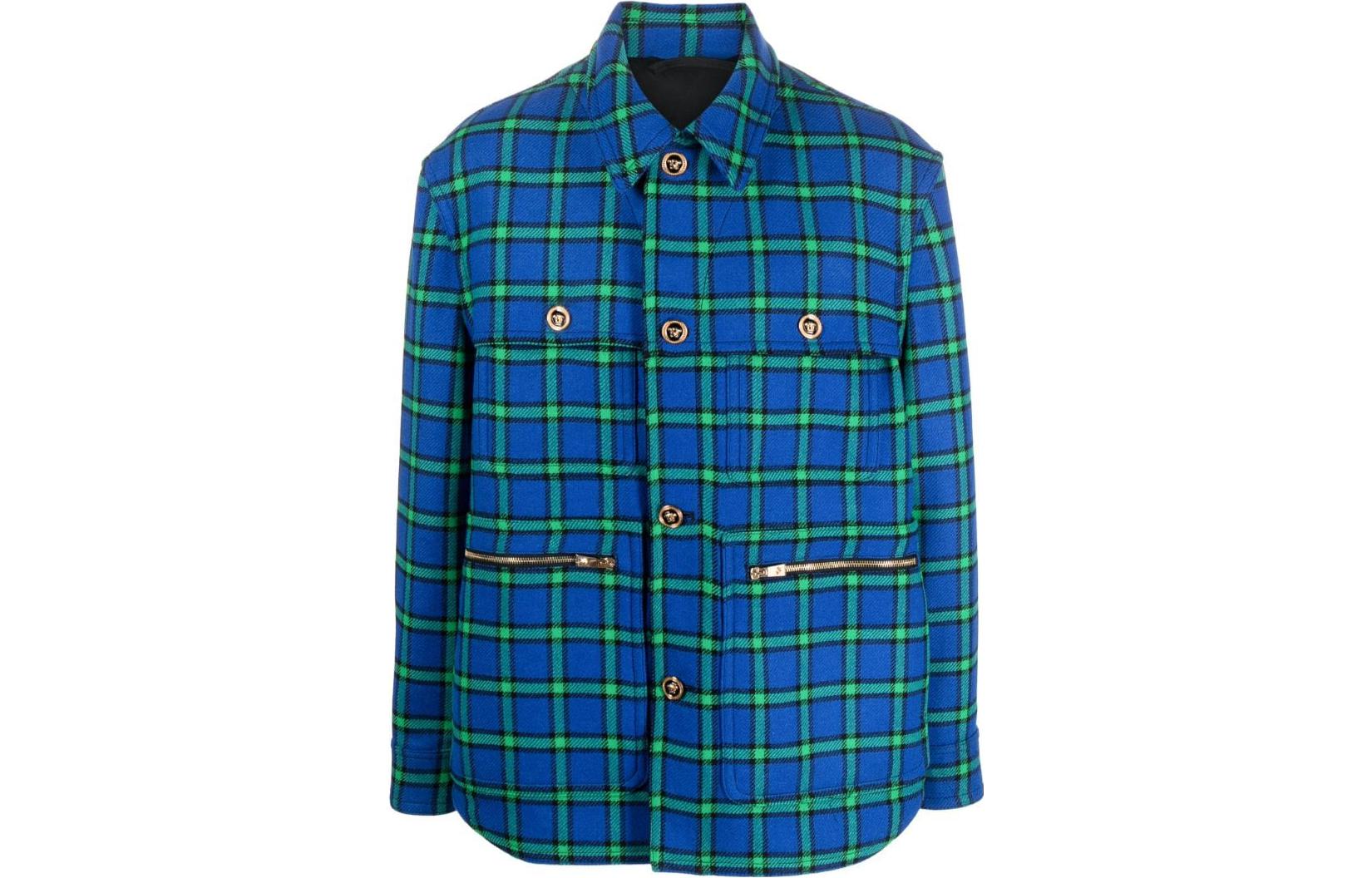 Versace FW23 Plaid Point Collar Long Sleeve Jacket Sky Blue - 1010222-1A07659-2UK00