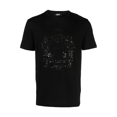 VERSACE FW23 Sequin Embellished Crew Neck Straight T-Shirt Black 1013944-1A09893-1B000