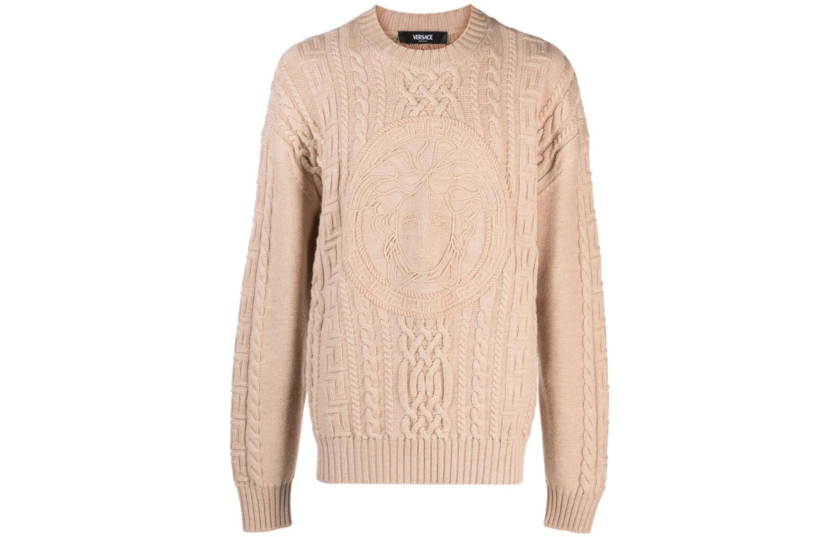 VERSACE FW23 Solid Medusa Pattern Cable Knit Sweater Men’s Beige 1013556-1A09578-1KD40