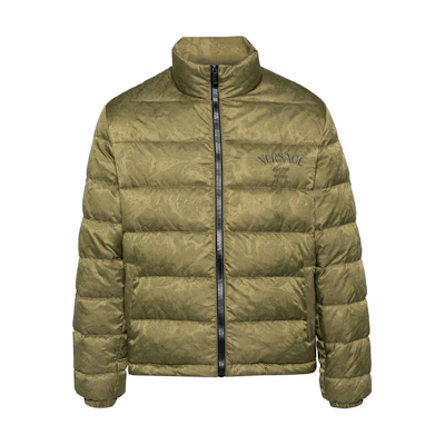 VERSACE FW24 Olive Green Logo Embroidered Puffer Jacket with Zipper. 1013537-1A11459-1GM10