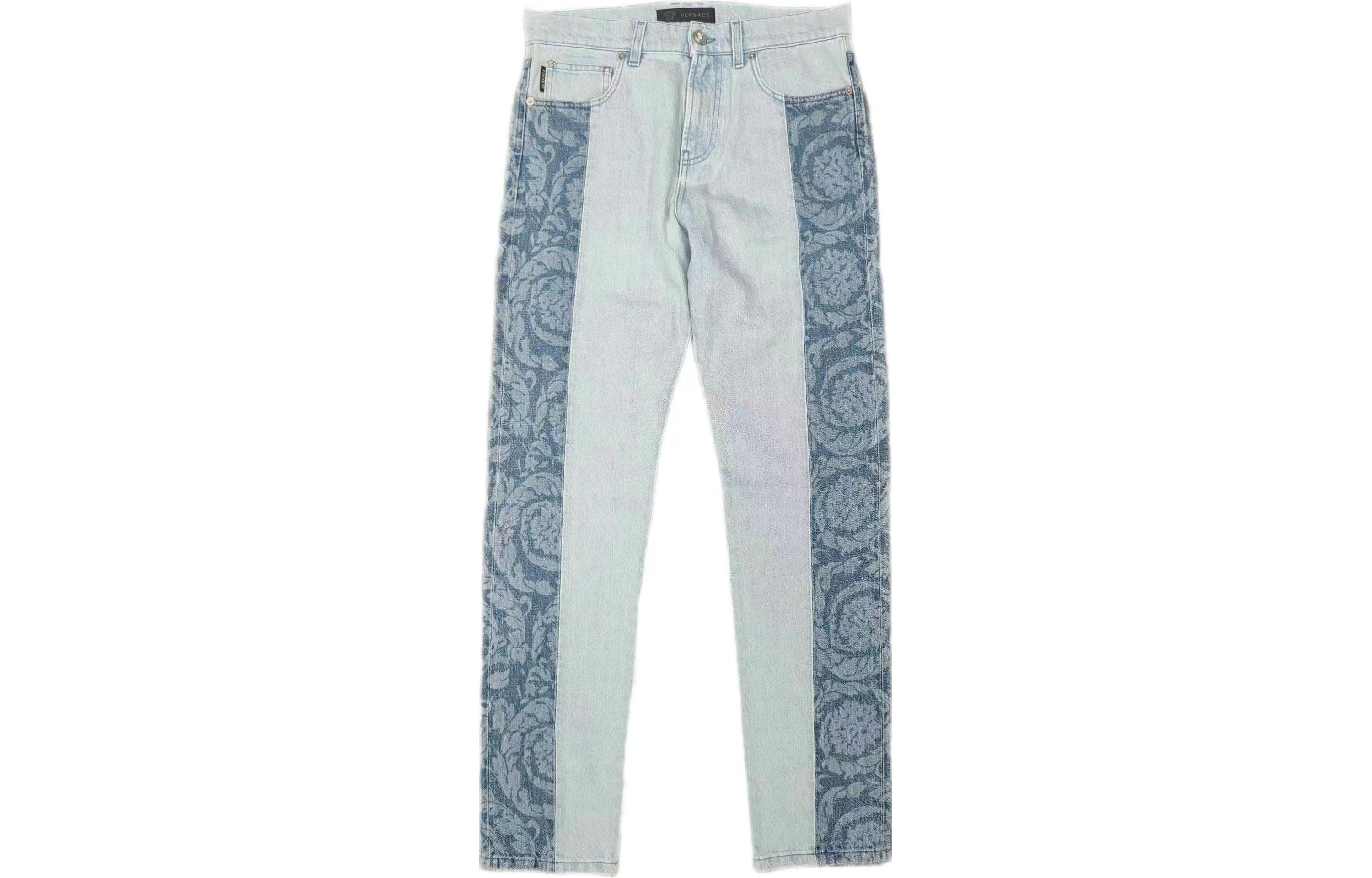 VERSACE Graphic Print Patchwork Straight-Leg Jeans Men’s Light Blue. A85193-A232896-A8002