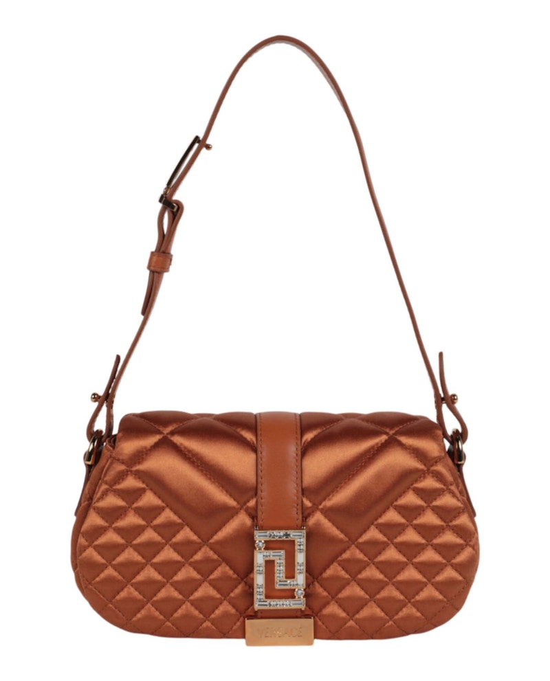 Versace Greca Goddess Quilted Satin Shoulder Bag Caramel