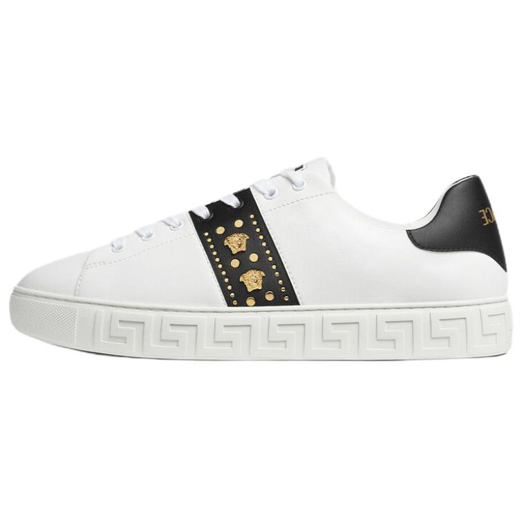VERSACE Greca White Low-Top Sneakers with Metal Stud Detailing for Men. 1014460-1A13065_2W02V