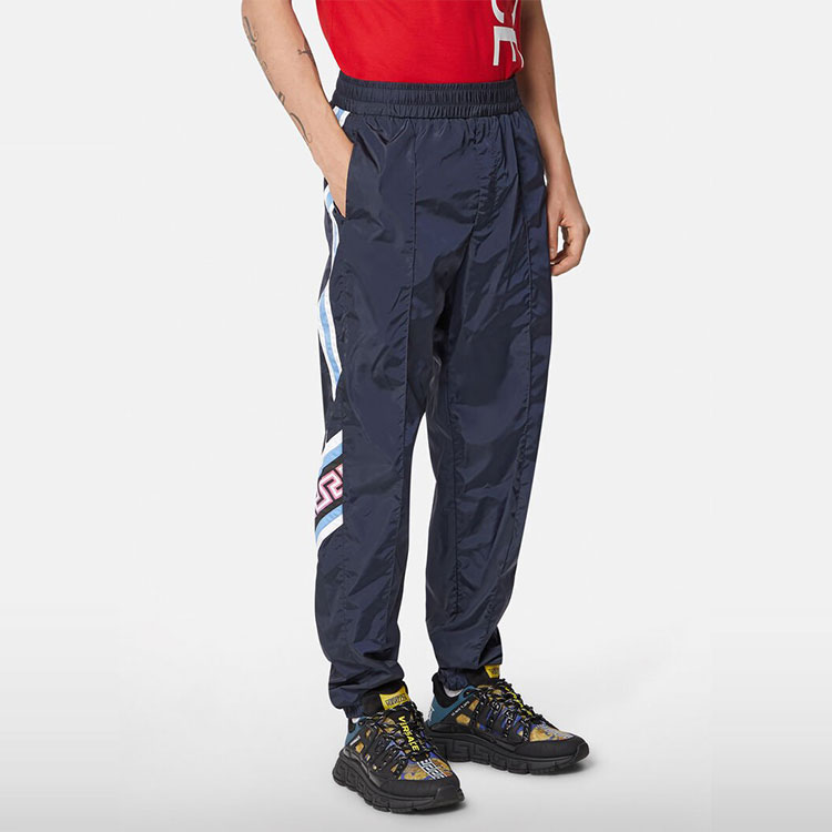 Shop VERSACE Greek Key Print Mid-Rise Jogger Pants for Men - Navy Blue. 1001058-1A00709-6U370