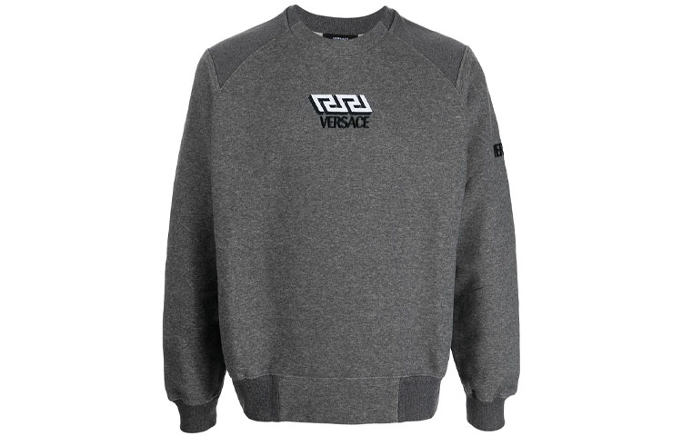 VERSACE Grey Crewneck Sweatshirt with Logo Embroidery Long Sleeve. 10017741-A01446-1E100