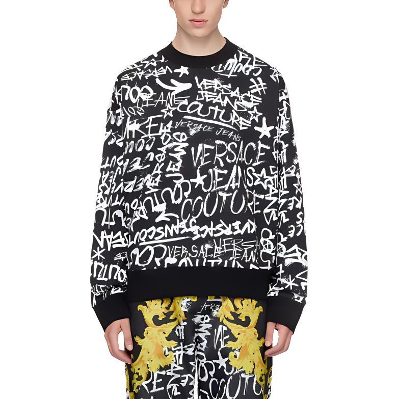 VERSACE JEANS  Black All-Over Logo Print Crewneck Sweatshirt. E75GAI3O-0EFS093-E899