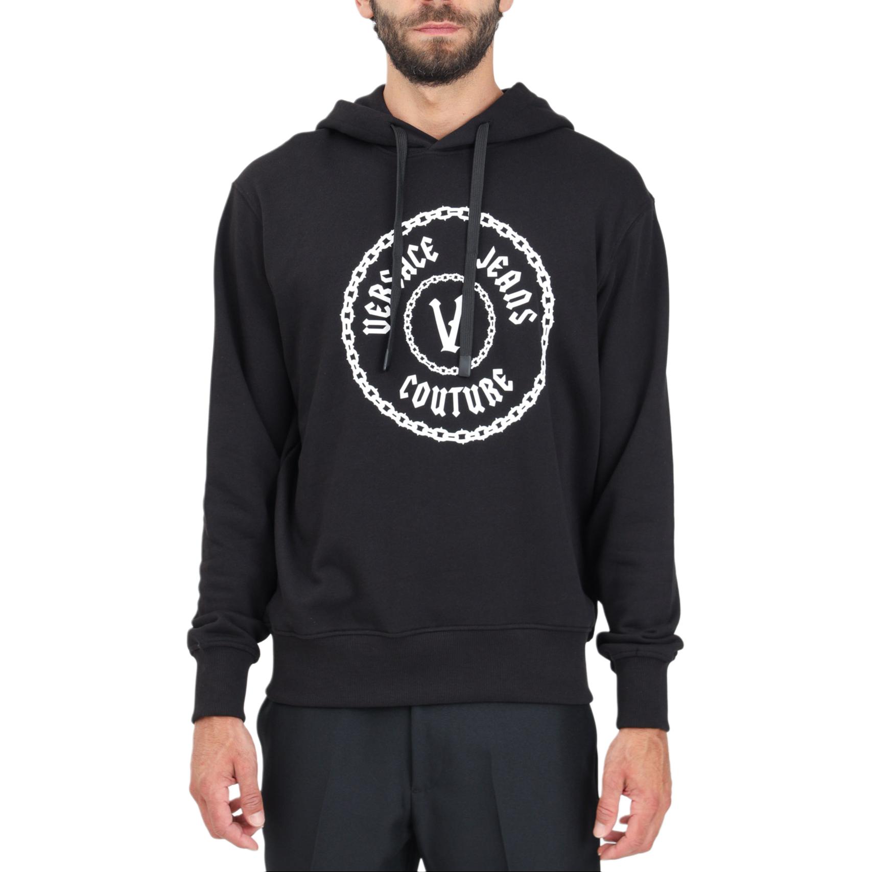 VERSACE JEANS  Black Graphic Print Slim Fit Hoodie Long Sleeve Sweatshirt 77GAIT03-CF00T-899