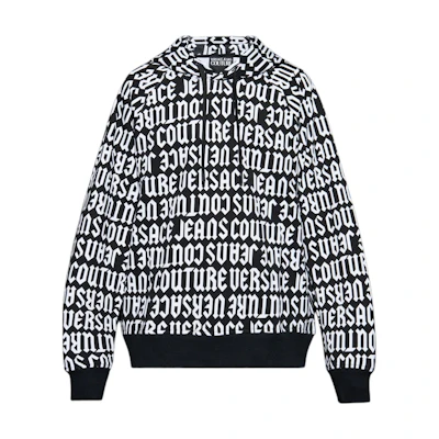 VERSACE JEANS Black Hoodie with Allover Letter Print & Logo. 77GAI331-FS157-L01