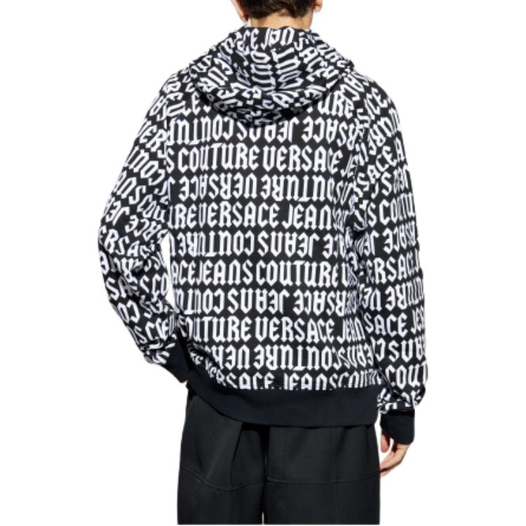Shop VERSACE JEANS  Black Hoodie with Allover Letter Print & Logo. 77GAI331-FS157-L01