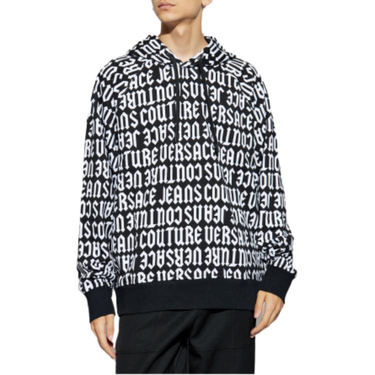 Purchase VERSACE JEANS  Black Hoodie with Allover Letter Print & Logo. 77GAI331-FS157-L01