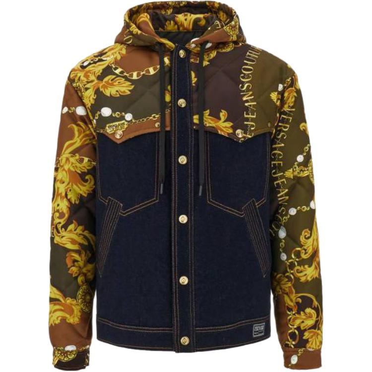 VERSACE JEANS  Black Patchwork Hooded Long Sleeve Jacket Coat. 75GAS47M-DT024-904