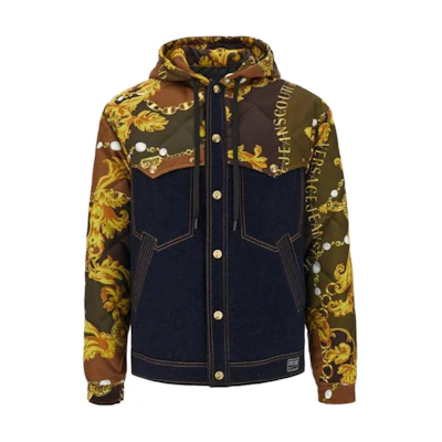 VERSACE JEANS Black Patchwork Hooded Long Sleeve Jacket Coat. 75GAS47M-DT024-904