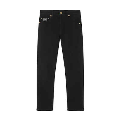 VERSACE JEANS Black Mid-Rise Slim Fit Straight Casual Pants for Men. 76GAB5S0-CDW00-909