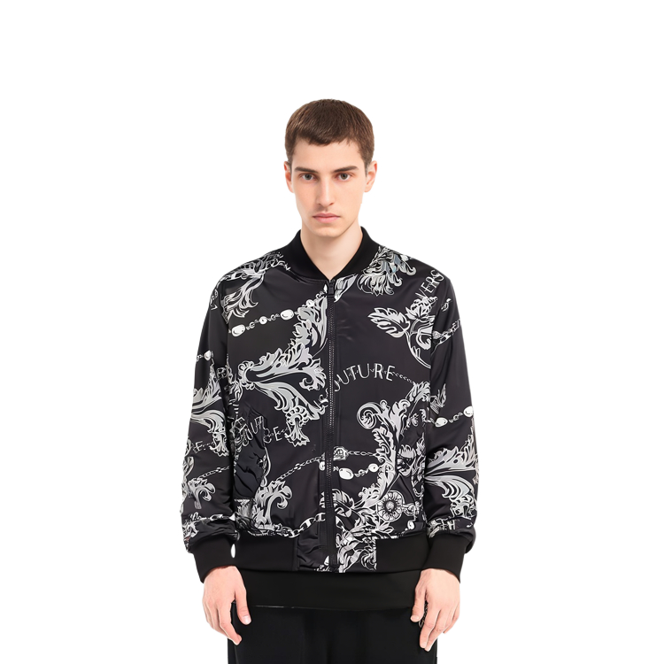 Shop VERSACE JEANS COUTURE  Black All-Over Print Reversible Zip-Up Jacket. 75GASD04-CQS70-899