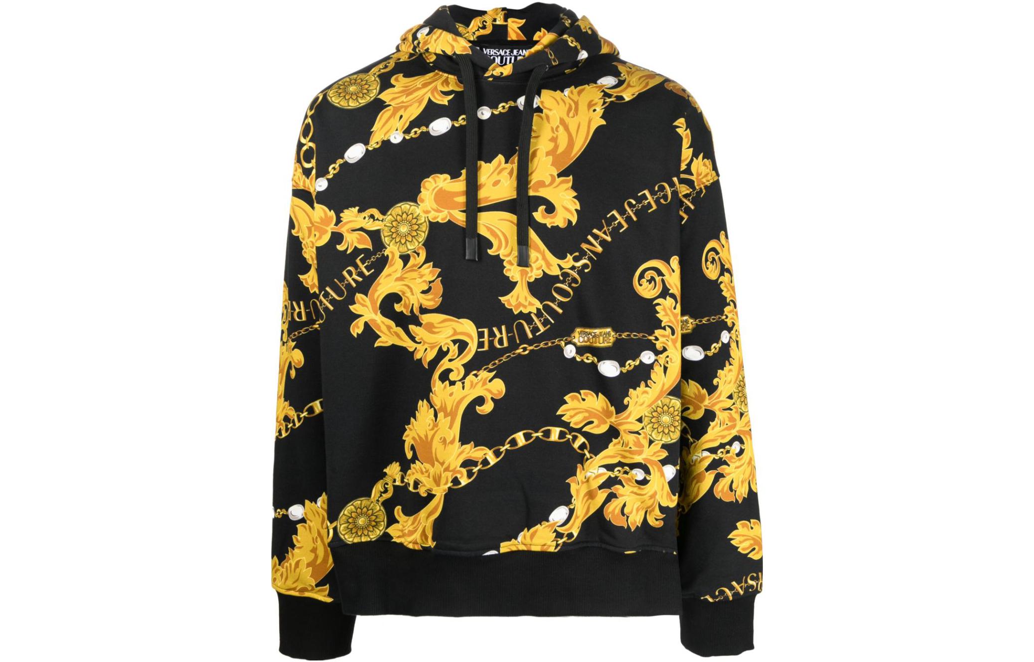 VERSACE JEANS COUTURE  Black Drawstring Letter Hoodie Long Sleeve Pullover 75GAI3C0-FS102-G89