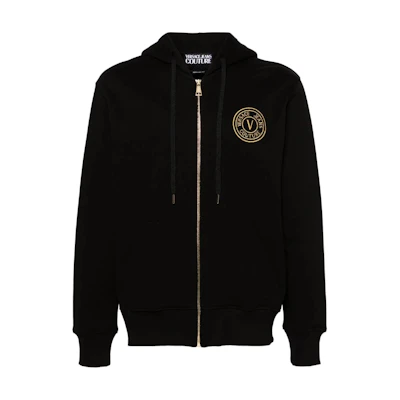 VERSACE JEANS COUTURE Black Hoodie Jacket with Logo Embroidery Zip-up. 77GAIT00-CF00T-G89