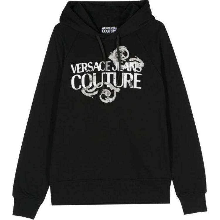 VERSACE JEANS COUTURE  Black Hoodie with Logo Lettering Print. 76GAIG00CF01G-899