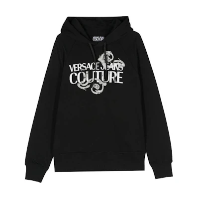 VERSACE JEANS COUTURE Black Hoodie with Logo Lettering Print. 76GAIG00CF01G-899