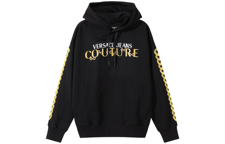 VERSACE JEANS COUTURE  Black Hoodie with SS24 Logo Print Design. 75GAIF01-CF00F-G89