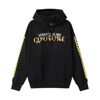 VERSACE JEANS COUTURE Black Hoodie with SS24 Logo Print Design. 75GAIF01-CF00F-G89