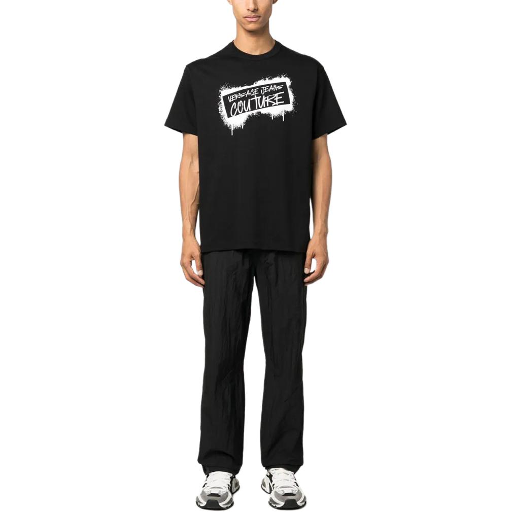 Shop VERSACE JEANS COUTURE  Black Letter Print Crewneck T-Shirt 75GAHT14-CJ02O-899