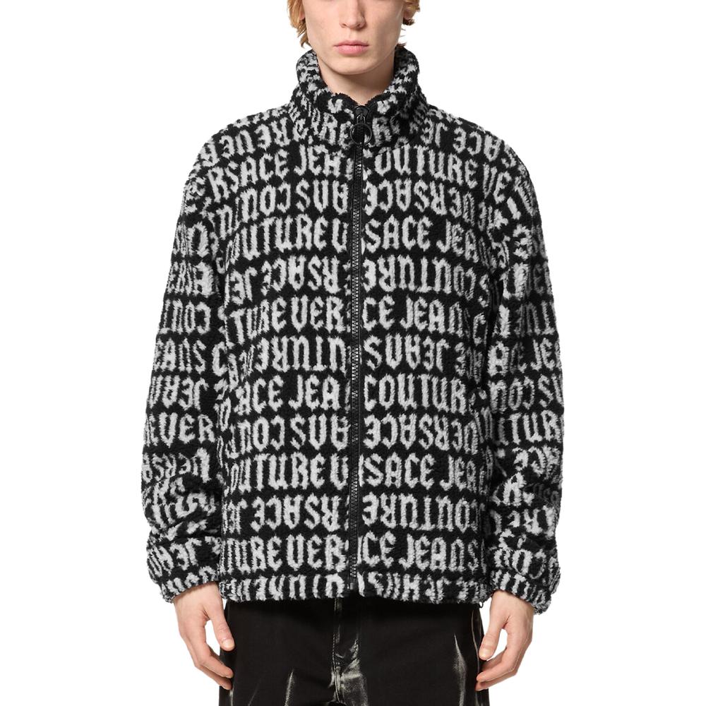 Shop VERSACE JEANS COUTURE  Black Monogram Print High Neck Zip Jacket E77GAS426-EU0019-EL01