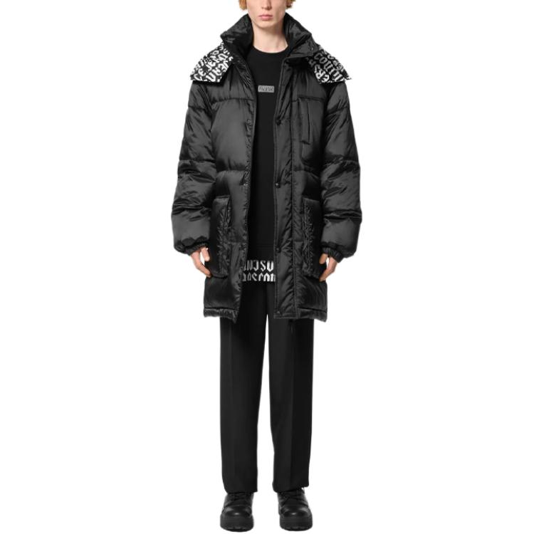 Shop VERSACE JEANS COUTURE  Black Parka with Logo Print and Detachable Hood. E77GAS428-ECQD61-E899