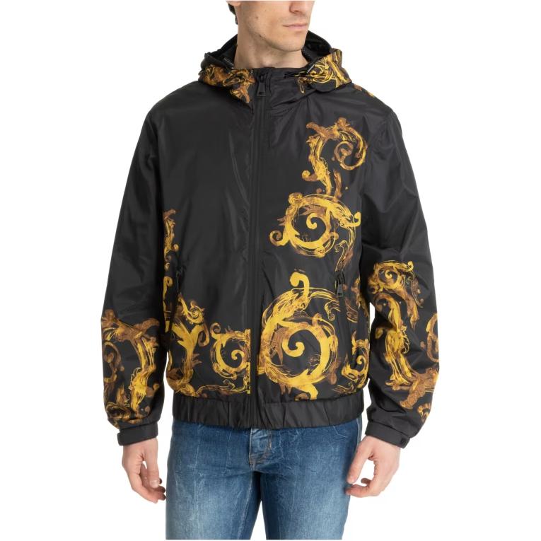 Shop VERSACE JEANS COUTURE 黑色印花連帽拉鍊外套 76GAS406-CQS86-G89