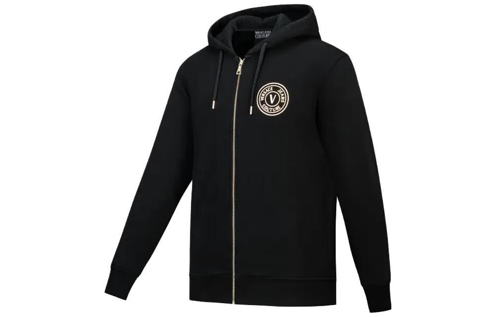 Shop VERSACE JEANS COUTURE 黑色V標誌拉繩拉鍊連帽外套 E73GAIT06-ECF00T-EG89