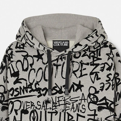 VERSACE JEANS COUTURE Graffiti Print Hoodie in Grey. 75GAI3C0-FS095-802 Details for VERSACE JEANS COUTURE Graffiti Print Hoodie in Grey. 75GAI3C0-FS095-802