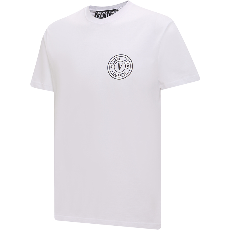 Shop VERSACE JEANS COUTURE  Logo Print Crewneck T-Shirt White 74GAHT06-CJ00T-003