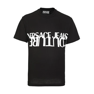 VERSACE JEANS COUTURE Black Crewneck Letter Print Straight T-Shirt for Men B3GZA7KB-30327-899