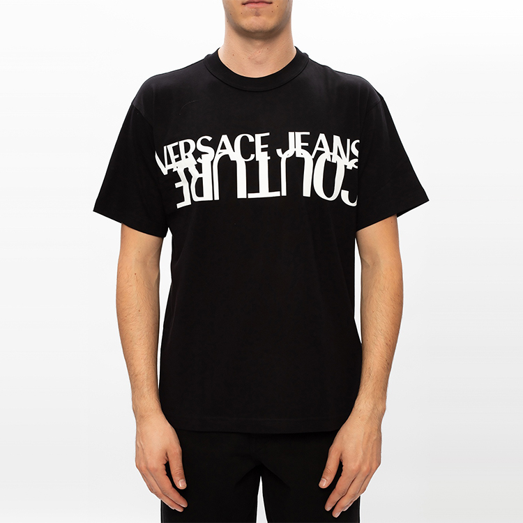 Purchase VERSACE JEANS COUTURE Black Crewneck Letter Print Straight T-Shirt for Men B3GZA7KB-30327-899