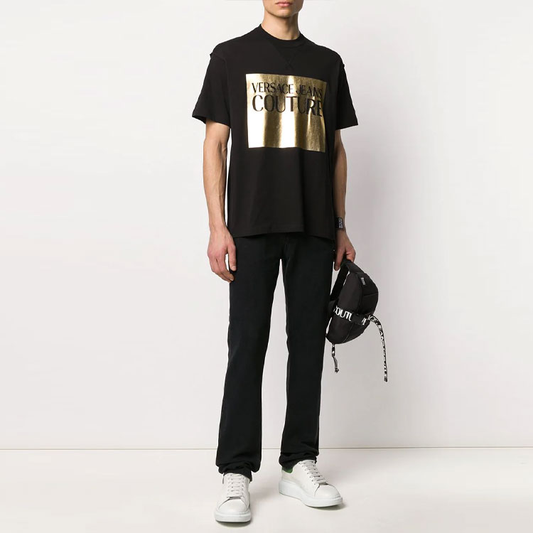Shop VERSACE JEANS COUTURE Black Gold Foil Cotton T-Shirt B3GVA7TJ-30319-K42