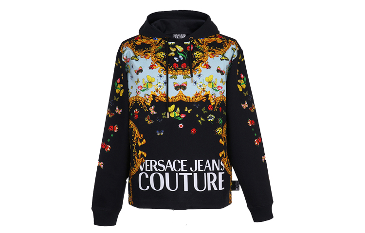 VERSACE JEANS COUTURE Black Hoodie with Botanical Print B7GUA7FK-30218-899