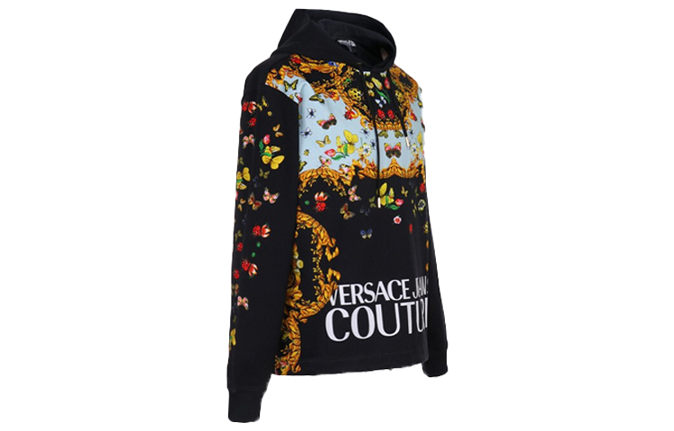 Lookbook 베르사체 진스 꾸뛰르 블랙 후디 보태니컬 프린트 디자인. B7GUA7FK-30218-899