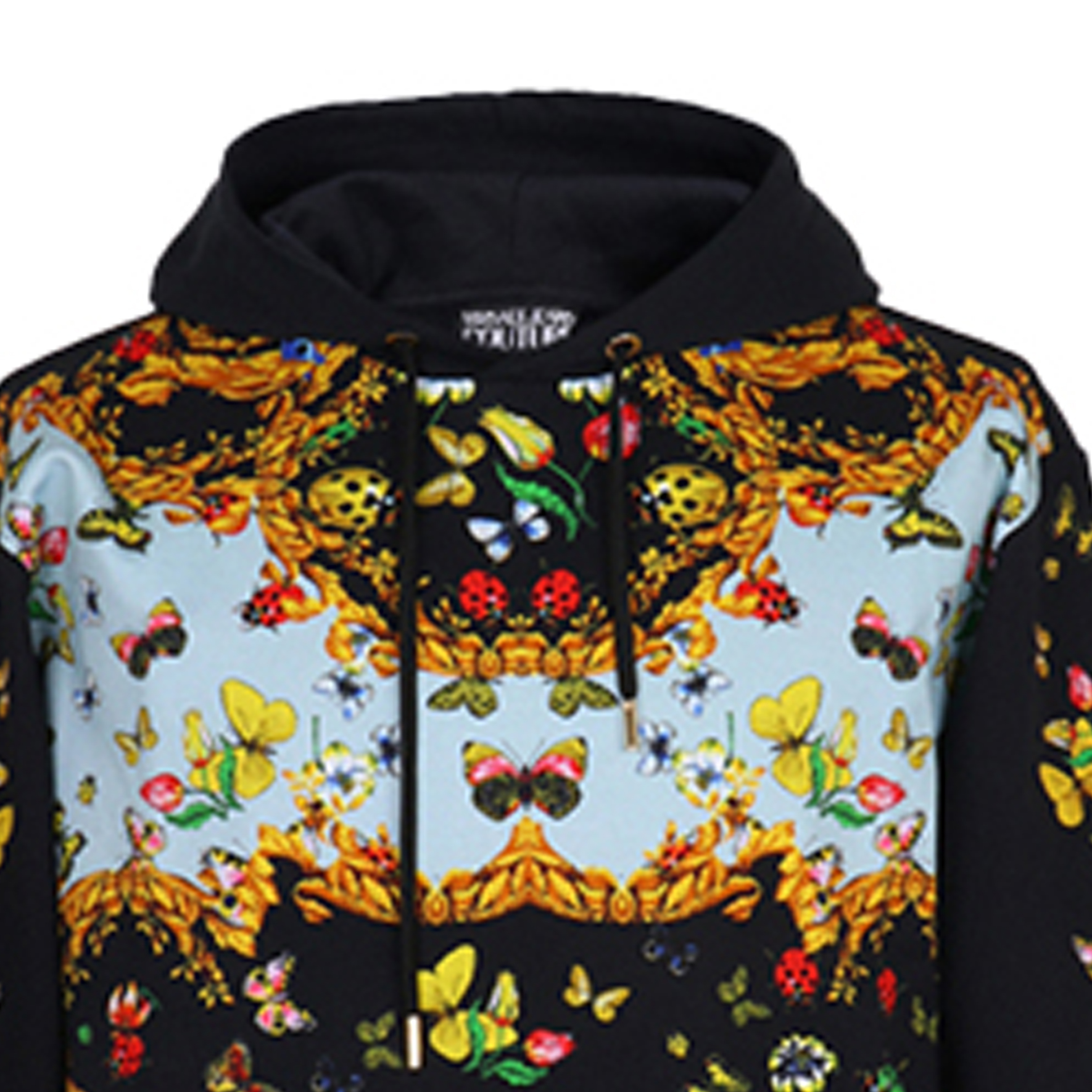 Sizing 베르사체 진스 꾸뛰르 블랙 후디 보태니컬 프린트 디자인. B7GUA7FK-30218-899