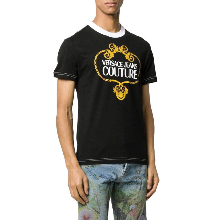 Shop VERSACE JEANS COUTURE Black Logo Graphic Crewneck T-shirt B3GVA7EB-30311-K42