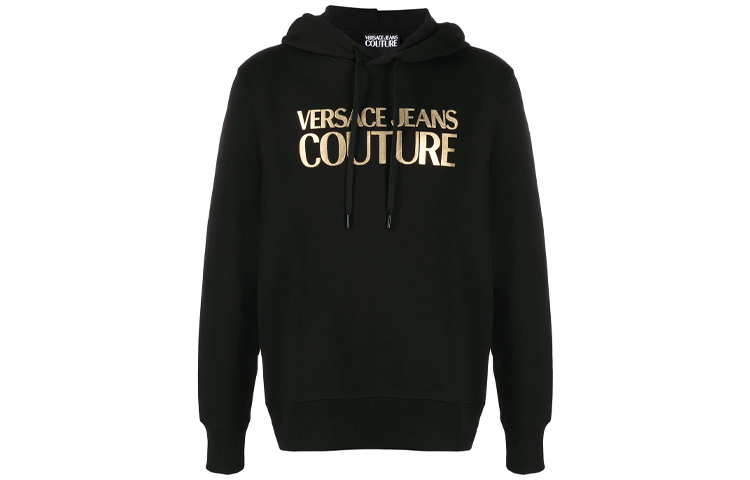 VERSACE JEANS COUTURE Black Logo Printed Drawstring Hoodie for Men. B7GWA7TP-30318-K42