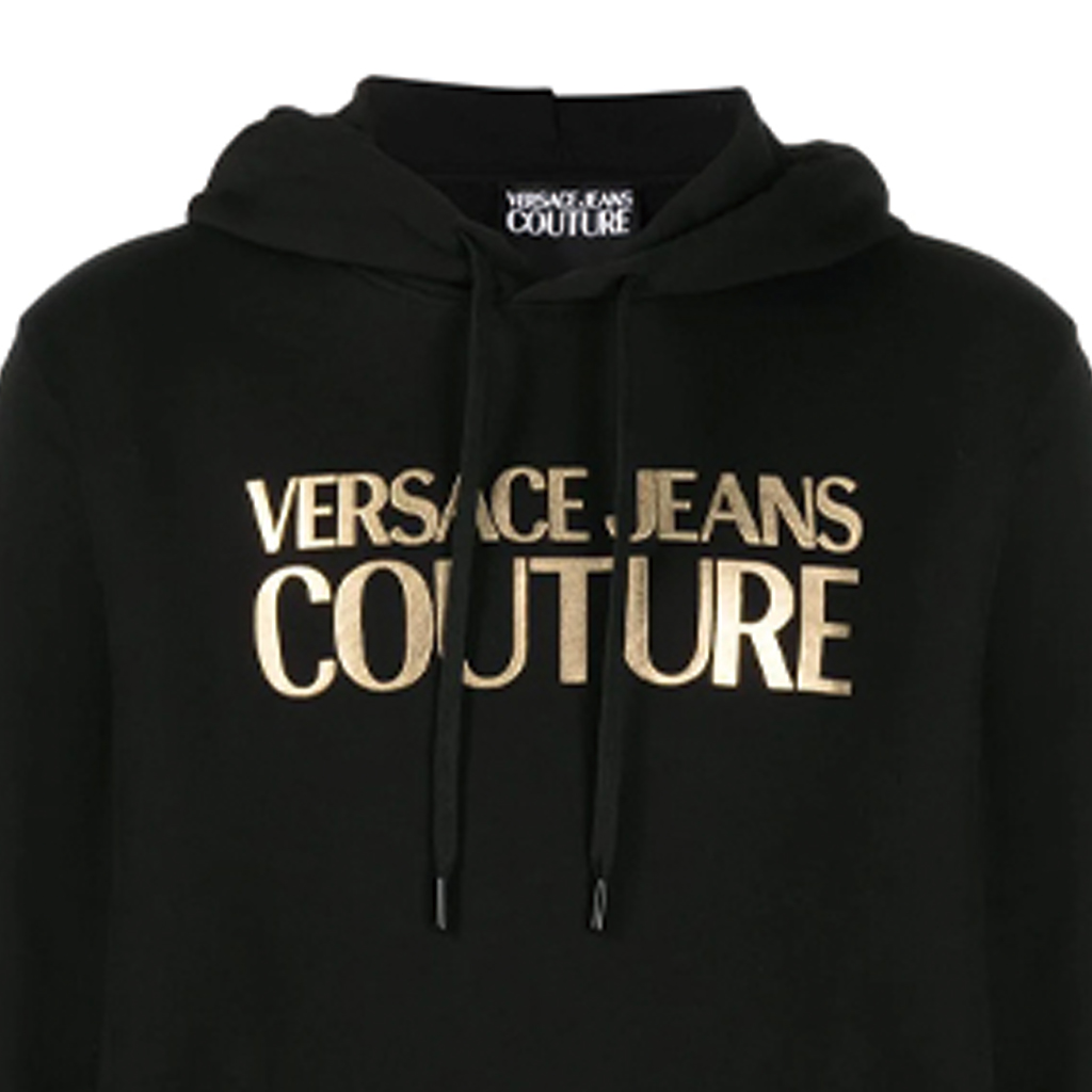 Sizing VERSACE JEANS COUTURE Hoodie Pria Hitam Logo Cetak dengan Drawstring. B7GWA7TP-30318-K42