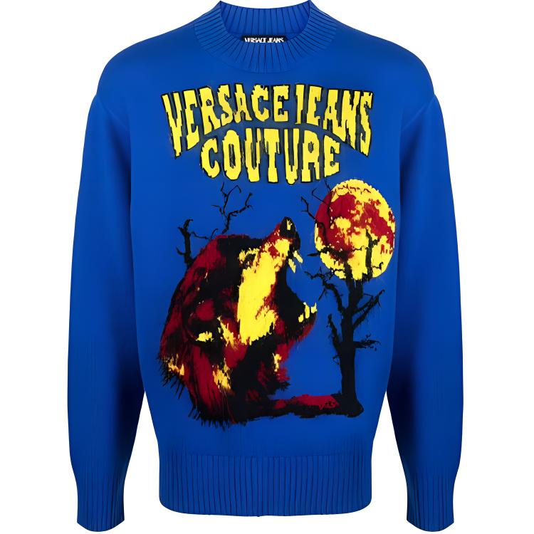 Versace Jeans Couture Blue Wool Sweater with Patterned Crewneck. 71GAF815C-M08NOD7