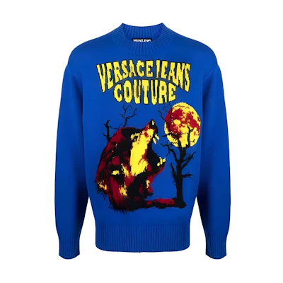 Versace Jeans Couture Blue Wool Sweater with Patterned Crewneck. 71GAF815C-M08NOD7